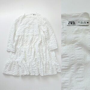 Zara Textured Dress in White L Baby Doll 3/4 Sleeve Crinkled Lightweight